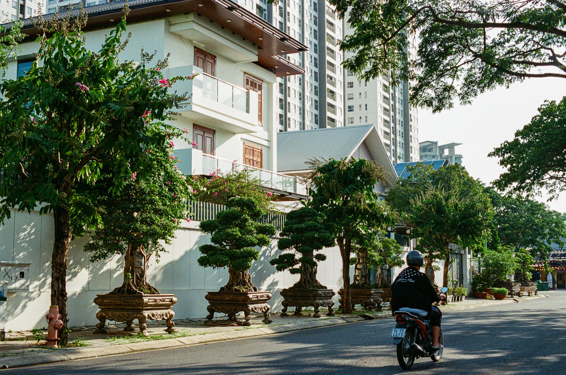 A quiet Ho Chi Minh City street lined with bonsai trees, a rider passing a villa with towers behind, shot on film